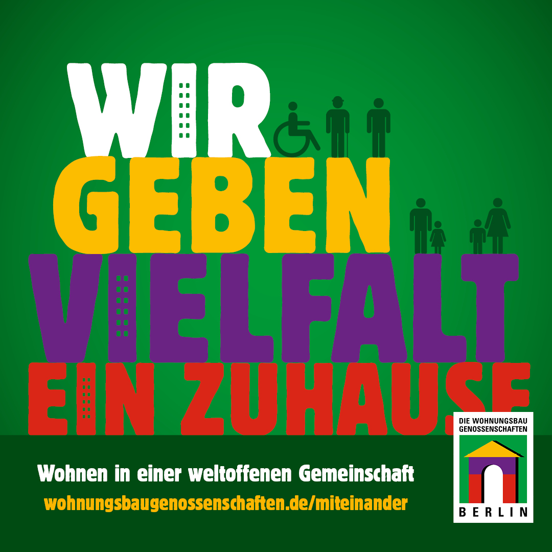 Ein Schriftzug in den Farben des Bauklötzchen-Logos der Marketinginitiative der Wohnungsbaugenossenschaften mit den Worten "Wir geben Vielfalt ein Zuhause"